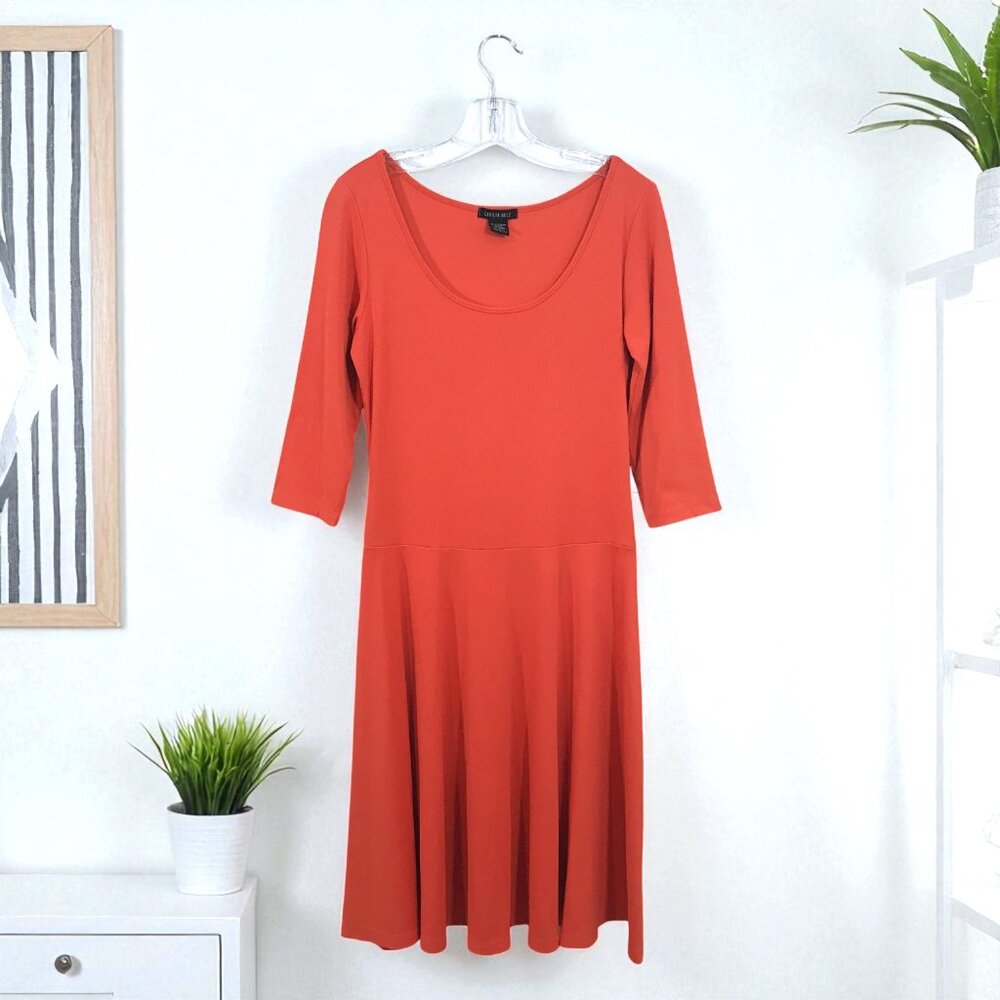 CARILYN VAILE Scoop Neck Quarter Sleeve Casual A-Line Dress Tangerine Orange L